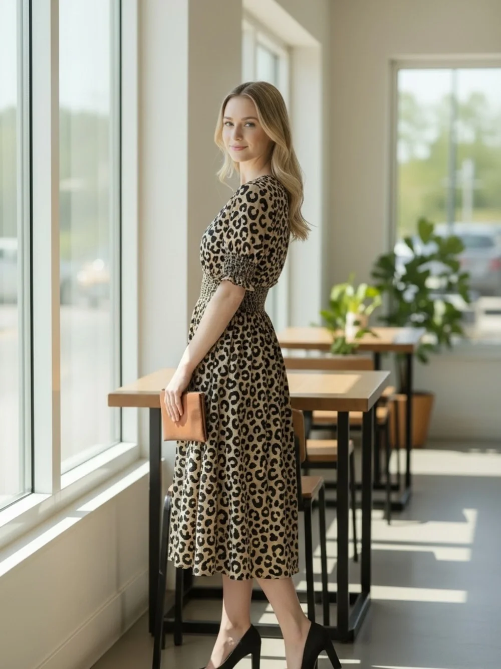 Kate Spade Blaire Spotted Leopard Puff-Sleeve Midi Dress Animal Print Size XS